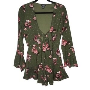 Rue 21 Floral Romper‎ Womens Medium Olive Green Pink Ruffle Bell Sleeve Festival